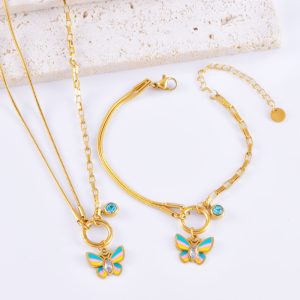 Vacation Style Colorful Epoxy Butterfly Necklace Bracelet Fashion Suit