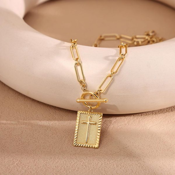 Clip Necklace Stainless Steel Cross Square Pendant Necklace