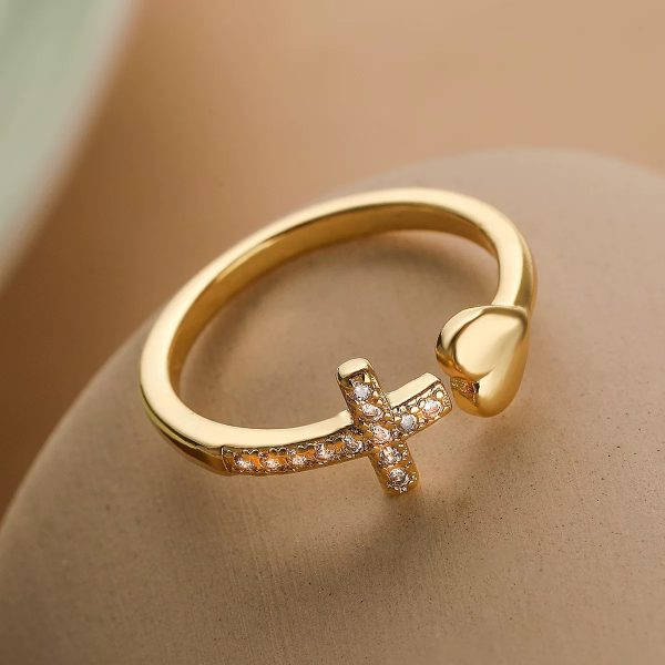 Simple Copper Plated Gold Zircon Cross Love Heart-shaped Ring Female