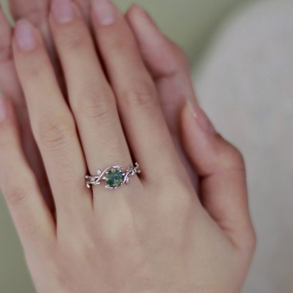S925 Silver Plated Green Moss Stone Water Plants Agate Open Ring