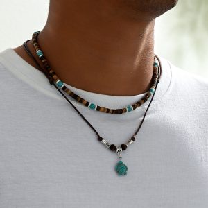 Coconut Shell Turquoise Leather Wax Line Necklace