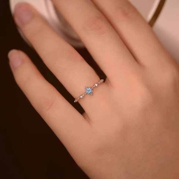 S925 Sterling Silver Japanese And Korean Blue Zircon Snowflake Ring