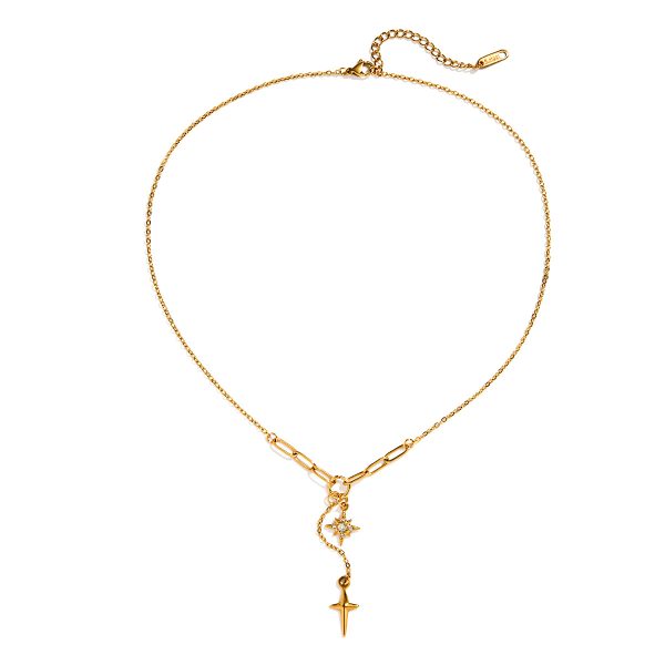 Classic Style 18K Gold Stainless Steel Necklace With White Diamond Eight-pointed Stars