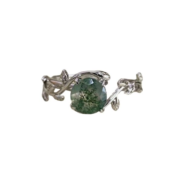 S925 Silver Plated Green Moss Stone Water Plants Agate Open Ring