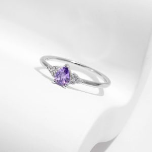 S925 Sterling Silver Light Luxury Rhinestone Purple Crystal Drop-shaped Ring