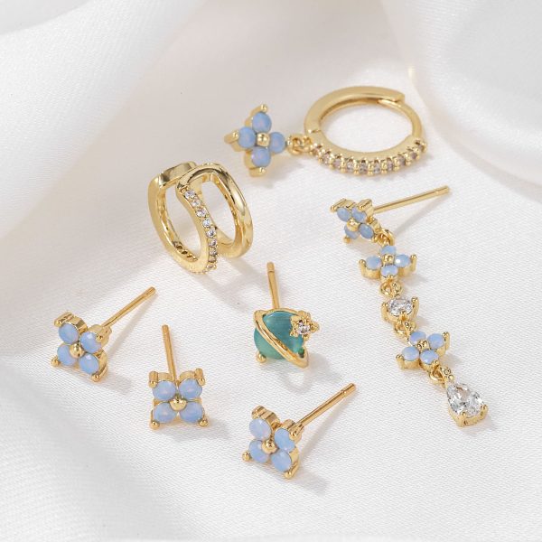 Tassel Blue Flower Earrings Set Temperament