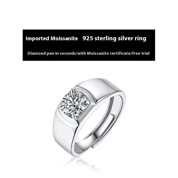 S925 Sterling Silver Moissanite Ring Men's Glossy 1 Karat Four-claw Style