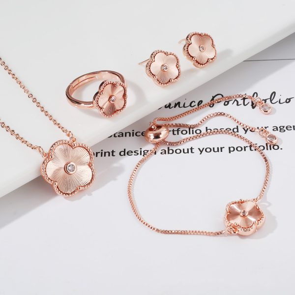 Gold Flower Bracelet Ring Earrings Women's Jewelry Set