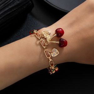 Cherry Alloy Peach Heart Bow Pendant Adjustable Bracelet