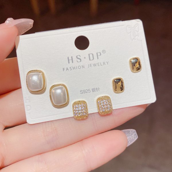 Sterling Silver Needle Exquisite Fashion All-match Cute Three-piece Set Combination Ear Studs