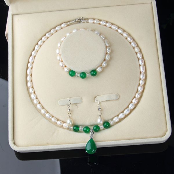 Freshwater Pearl Necklace Set Emerald A Cargo Three-piece Set