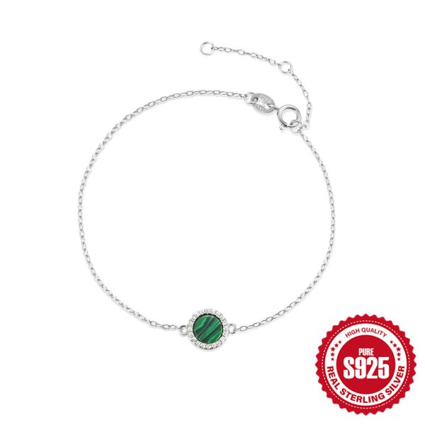 S925 Sterling Silver Classic Round Malachite Diamond All-match Bracelet