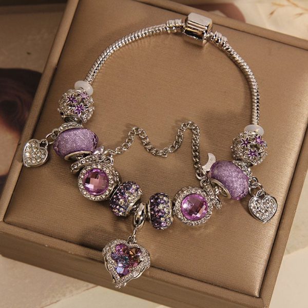 Special Interest Light Luxury Purple Glass Bead Love Pendant Bracelet