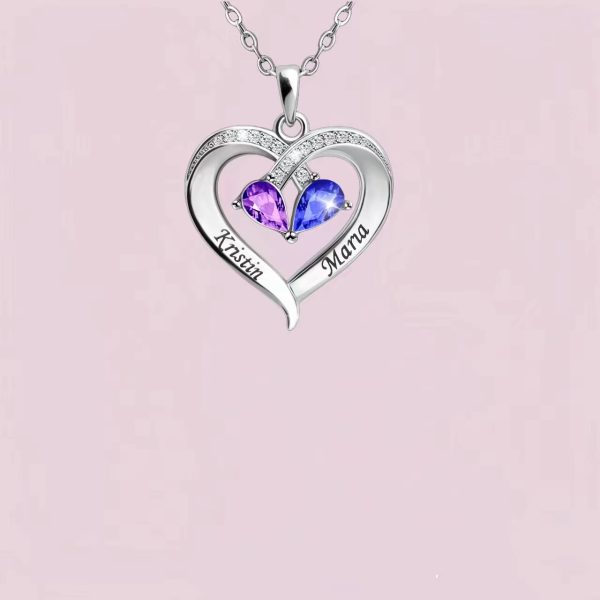 Two-color Water Drop Pendant Heart Shape With Diamond 12 Birthstone Peach Heart Necklace For Women