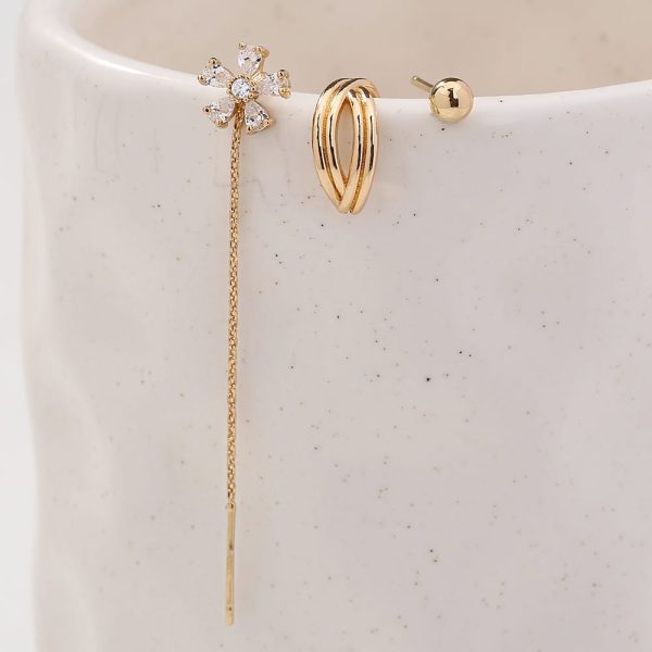 Gold Fashion Personality Small Irregular Flower Pin Three-piece Set Of Copper Micro-inlaid Zircon Earrings