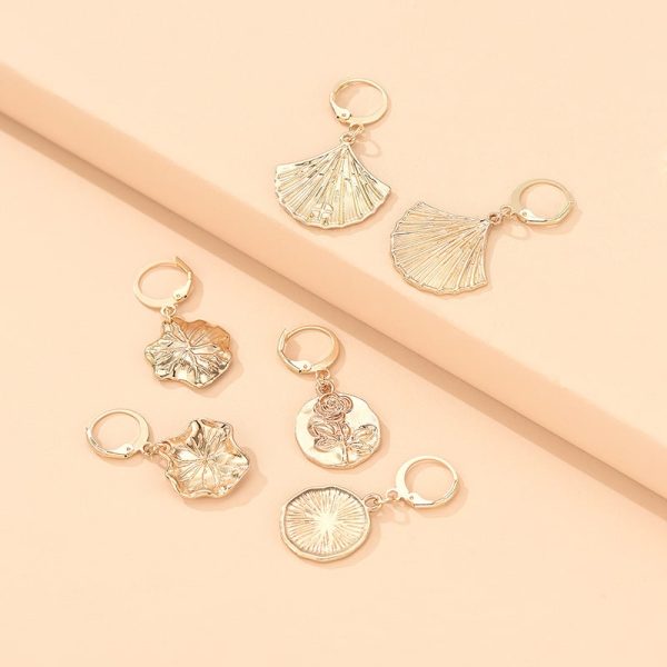 Set Of 3 Earrin Leaf Shape Earrings Coins Embossed