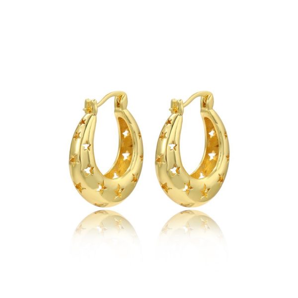 Europe And The United States Wind Tide Copper Colour-retaining Electroplating Hollow Glossy Earrings Female Ornaments Round Half Empty Stars Plain Circle Earrings Buckle