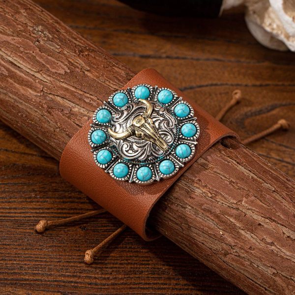 Vintage Western Denim Blue Turquoise Animal Leather Bracelet