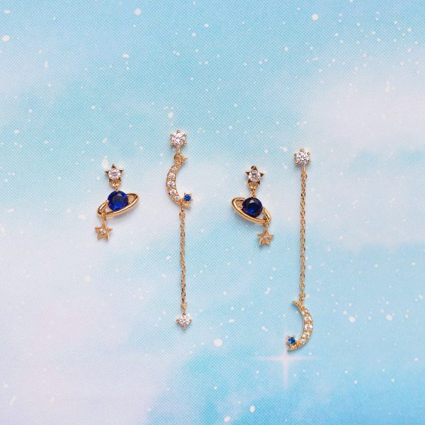 Star And Moon Chain Stud Earrings Set