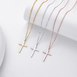 New S925 Sterling Silver Necklace Simple Glossy Cross Pendant Clavicle Chain Fashionable All Match Jewelry