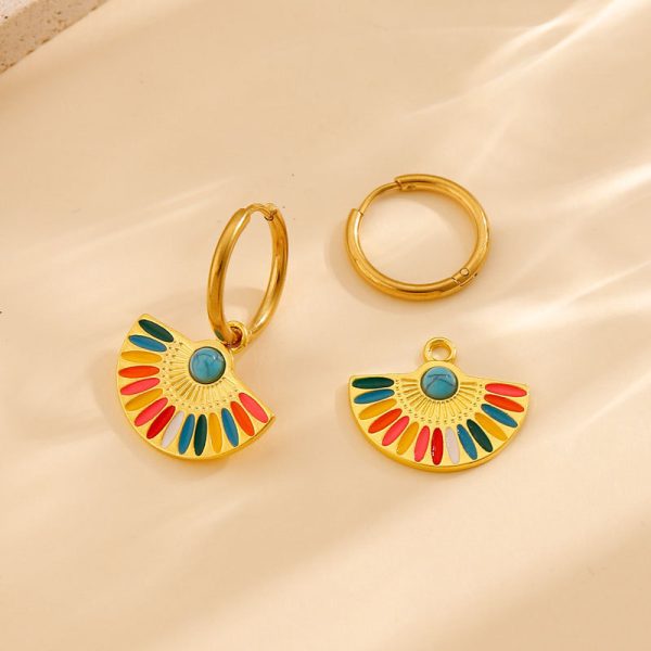 Oil Dripping Color Fan-shaped Circle Stitching Female Fashion Personality Retro Dual-wear Earrings