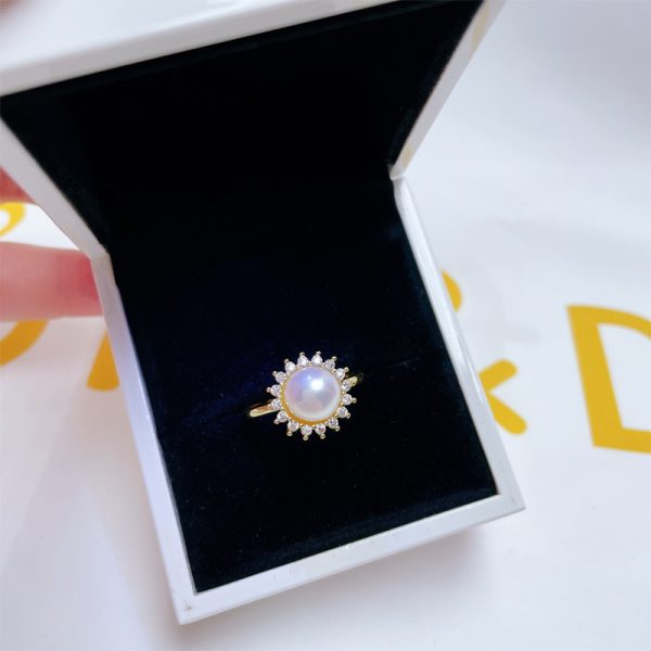 Round Zircon Natural Freshwater Pearl White Copper Plating Golden Ring