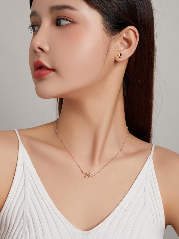 Real Gold Plated Small Bee Earrings Necklace Set, Garden Style Insect S925 Silver Jewelry