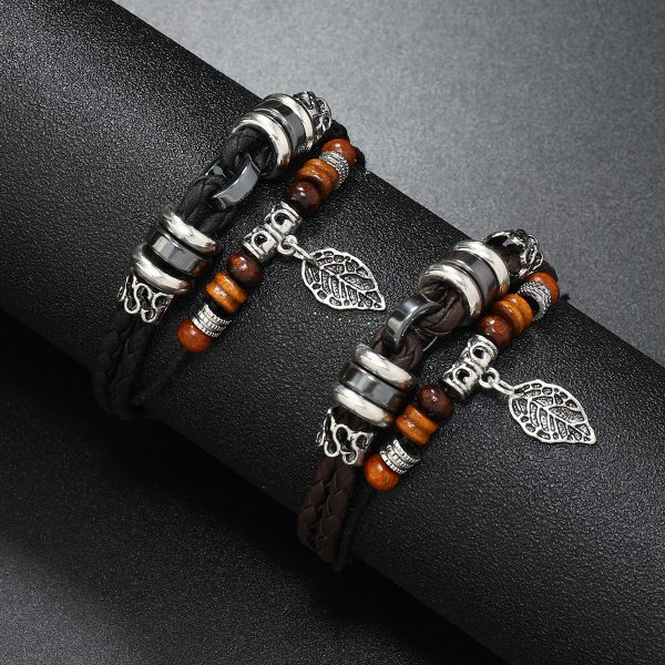 Woven Leaf Pendant Men's Leather Bracelet Simple