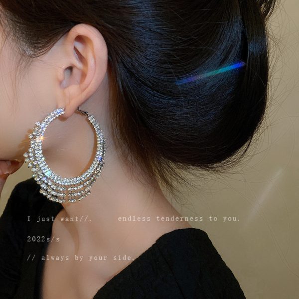 Silver Needle Set Diamond Circle Tassel Earring Fashion Girl