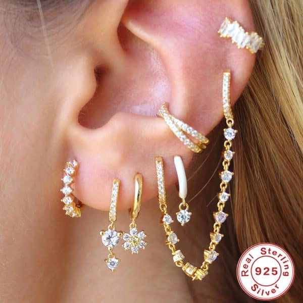 S925 Sterling Silver White Stone Rose Red 6 Stone Snowflake Ear Drops