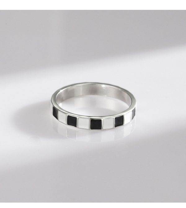 S925 Sterling Silver Epoxy Classic Black And White Plaid Ring Fashion