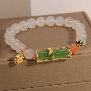 Mild Luxury Retro White Agate Jasper New Chinese Style Bamboo Beaded Bracelet For Women