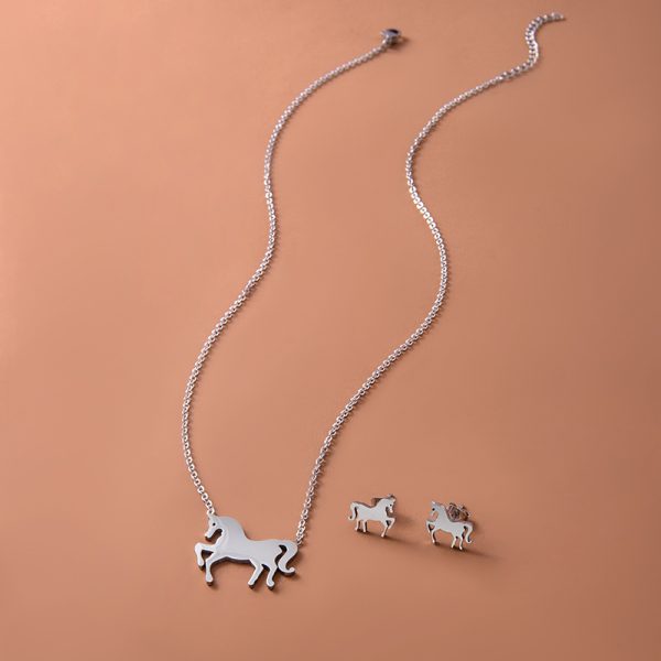 Stainless Steel Gold Silver Unicorn Horse Necklace Earrings Jewelry Set