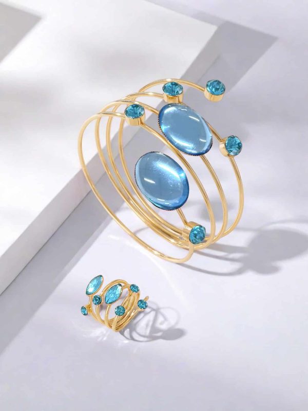 French Gem Rhinestone Round Line Winding Geometric Bracelet & Ring Set Adjustable Opening