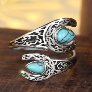 Bilateral Water Drop Turquoise Smear Fashion Carved Adjustable Ring