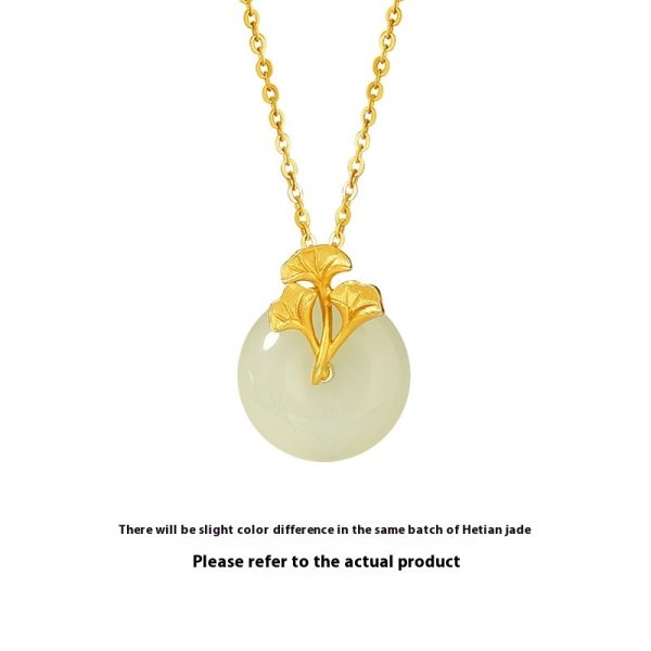 Sterling Silver 925 Hetian Jade Necklace Peace Buckle Clavicle Ins Ginkgo Leaf Pendant