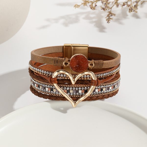 Leather Cord Bracelet Bohemian Multi-layer Rough Stone Love Jewelry For Girls
