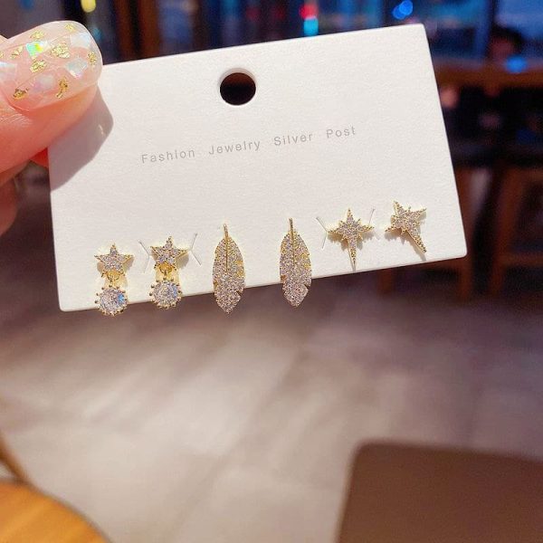 6-piece Set Of Simple Leaves Five-pointed Star Earrings