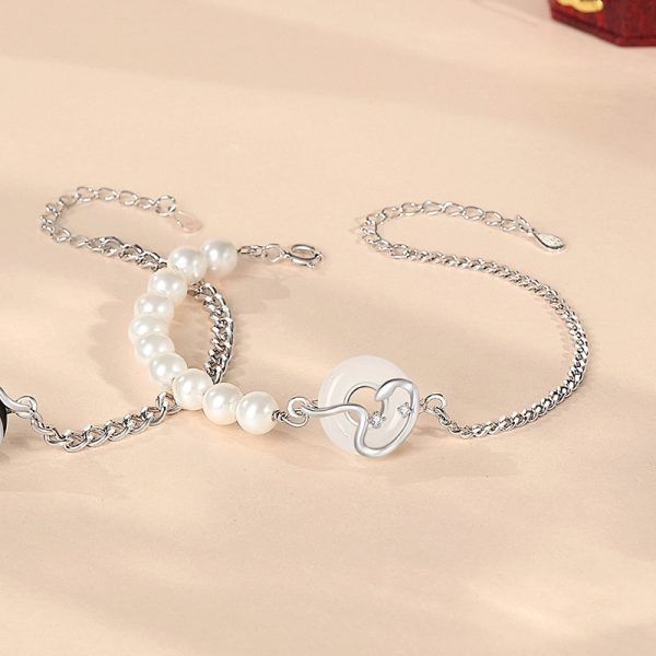 925 Sterling Silver New Chinese Obsidian Pearl Bracelet Safe Buckle Love Old Bracelet