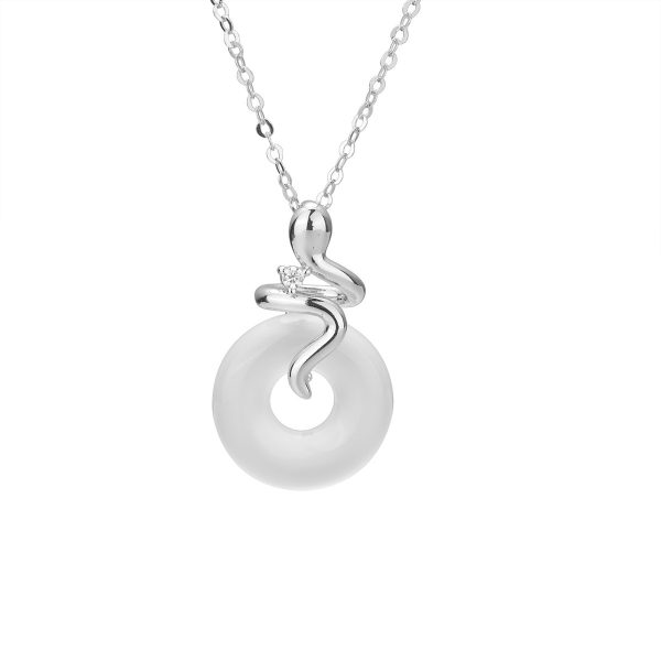 Women's Sterling Silver Snake White Jade Necklace