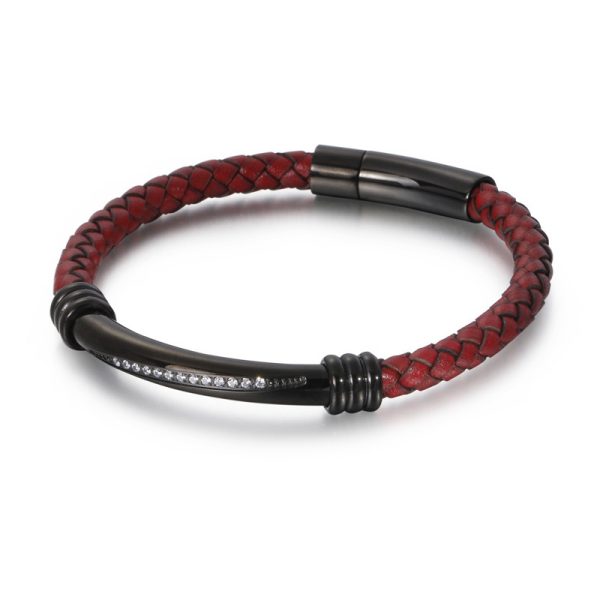 Men's Geometric Elbow Stainless Steel Diamond Leather Woven Bracelet
