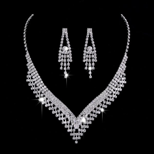 Brilliant Full Diamond Zircon Water Drop Necklace Eardrop Jewelry Set