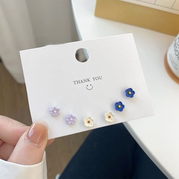 Sterling Silver Needle Candy Colored Flower Stud Earrings Set
