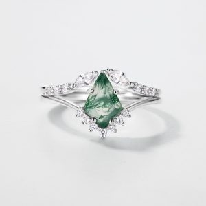 Natural Green Moss Stone Stacked S925 Silver Inlaid Agate Ring