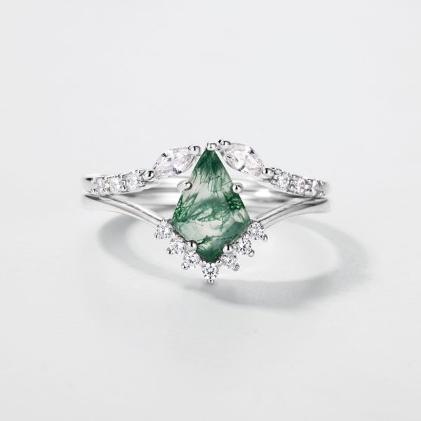 Natural Green Moss Stone Stacked S925 Silver Inlaid Agate Ring