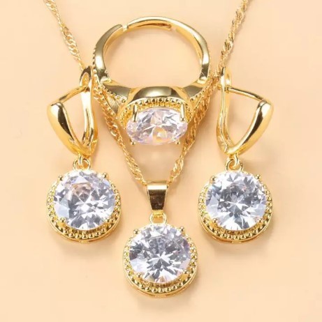 New Earrings Ring Necklace Three-piece Jewelry Set Round Zircon