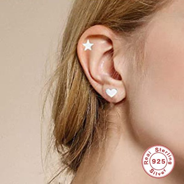 S925 Sterling Silver Compact Mini Geometric Heart-shaped Star Moon Set Ear Studs