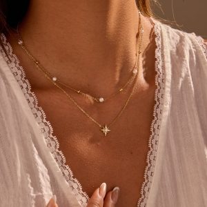 Double-layer Six-pointed Star Rhinestone Pearl Stainless Steel Necklace 18K Gold Plating Ins Design Sense