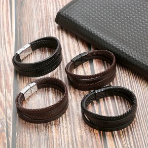 Men's Simple Pu Woven Alloy Magnetic Buckle Bracelet