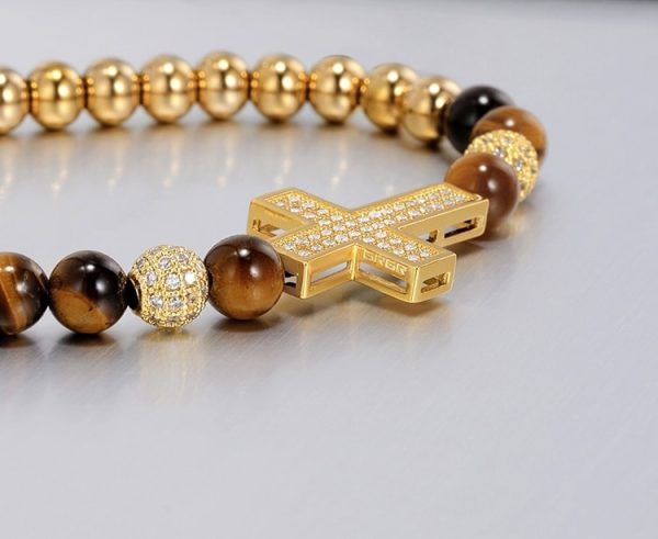 Copper gold-plated full diamond cross bracelet for men